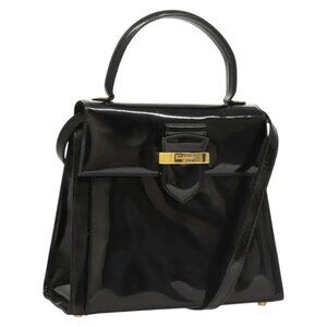 Salvatore Ferragamo Hand Bag Enamel 2way Black Gold Auth bs25832